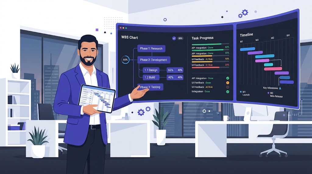 Illustration of a project manager presenting a WBS chart and project progress dashboards in an office