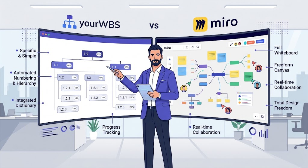 Illustration comparing yourWBS and Miro: yourWBS is specific and simple, with automated numbering and hierarchy, an integrated dictionary and progress tracking; Miro is a full whiteboard with a freeform canvas, real-time collaboration and total design freedom