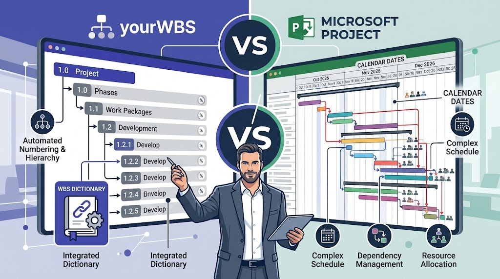 Illustration comparing yourWBS and Microsoft Project: yourWBS shows a numbered WBS hierarchy with an integrated dictionary; Microsoft Project shows a Gantt chart with calendar dates, dependencies and resource allocation